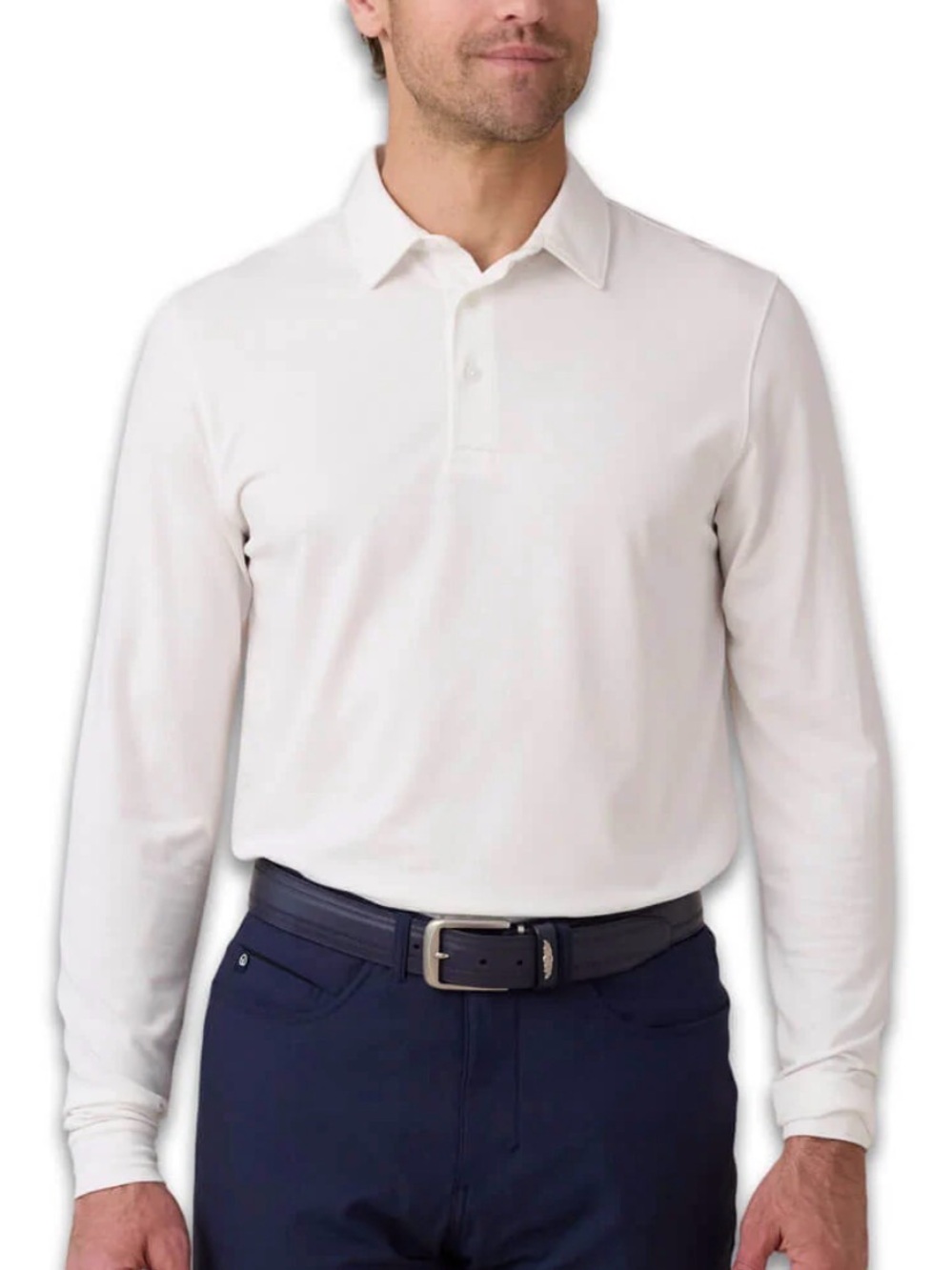 Long-Sleeve Polo Shirt in White — “Straight Down” brand